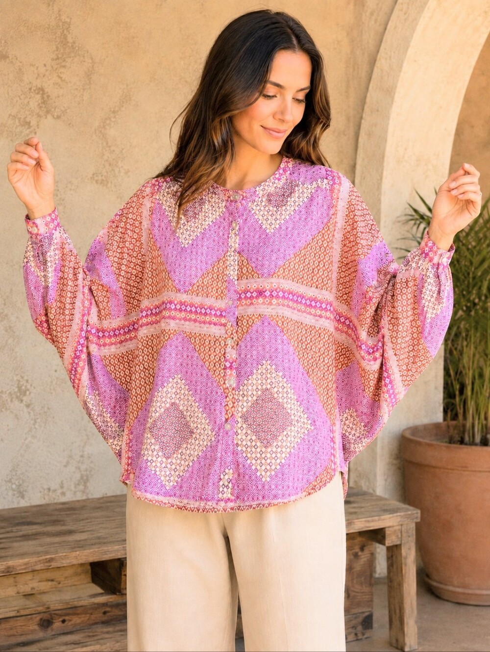 Romantic Boho Tribal Geometric Dolman Batwing Button Blouse Pink Medium